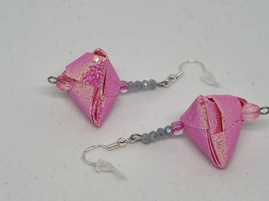 Origami earrings:  pink iridescent paper and small beads 
