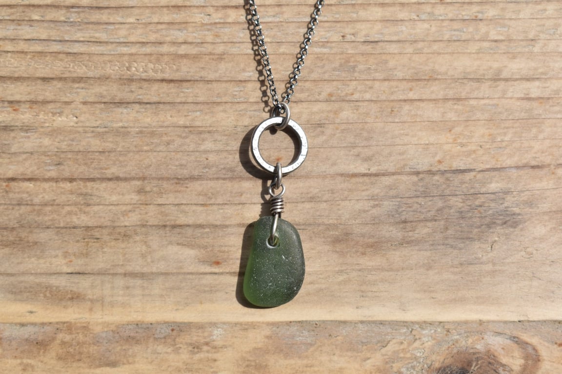 Dark Green Sea Glass and Recycled Sterling Silver Necklace, Scottish Sea Glass