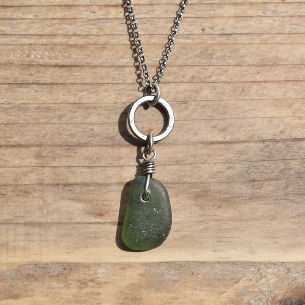 Dark Green Sea Glass and Recycled Sterling Silver Necklace, Scottish Sea Glass