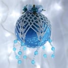 Christmas bauble turquoise and pale blue crochet lace vintage style, I3