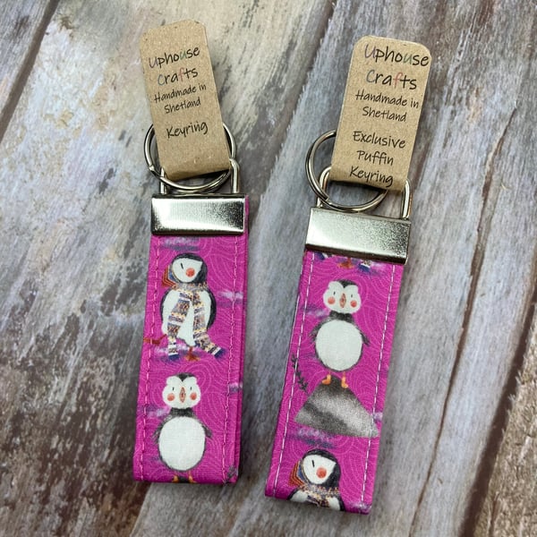 Pink Puffin Keyring, Purple Puffin Keyfob, Fair Isle Puffin