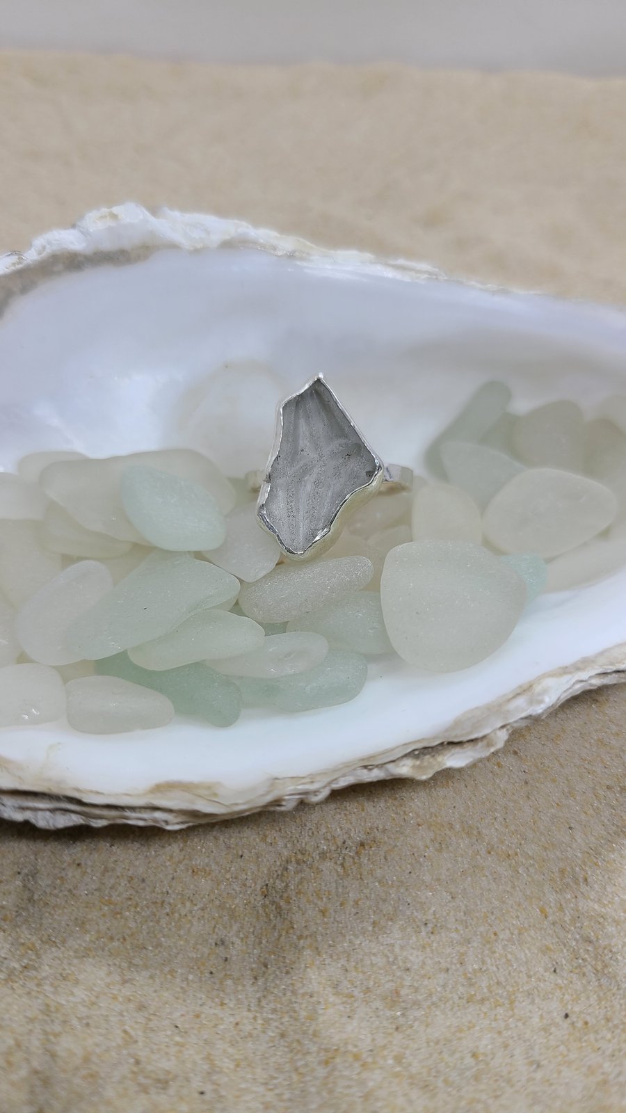 Warm grey sea glass and silver ring SG16