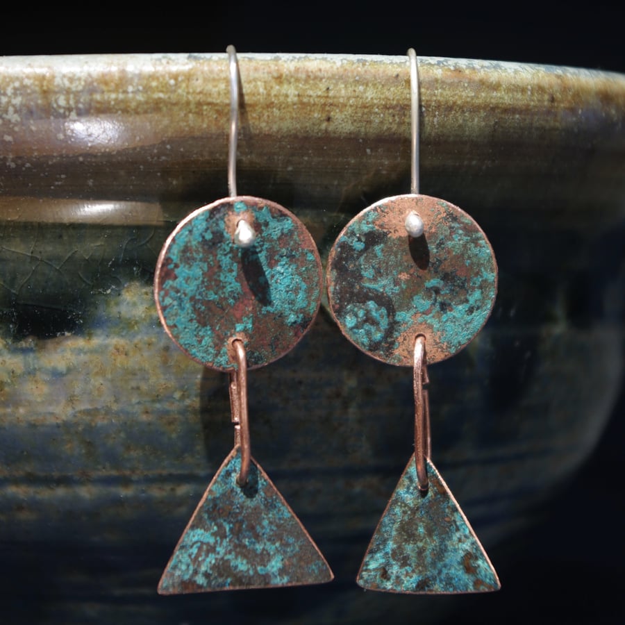 Geometric Copper Verdigris Long Dangle Earrings