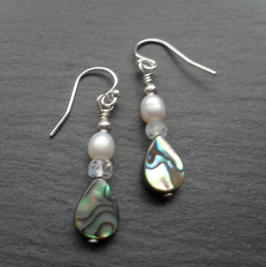Abalone Moonstone and Freshwater Pearl Sterling Silver Drop Earrings