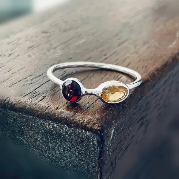 Sterling Silver Citrine and Garnet Ring, Handmade Urban Design Jewellery