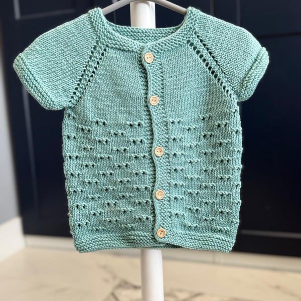 HandKnitted Baby Short Sleeve Vest with Textured Eyelet Pattern–Sage Green(9-12m