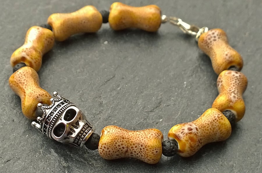 Crown King Skull Bone Shape Ceramic Bead Bracelet with Sterling Silver