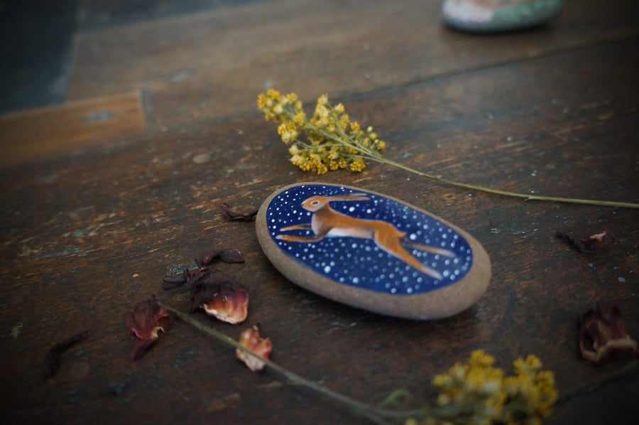 Hare & Stars Miniature Painting, Pebble Painting