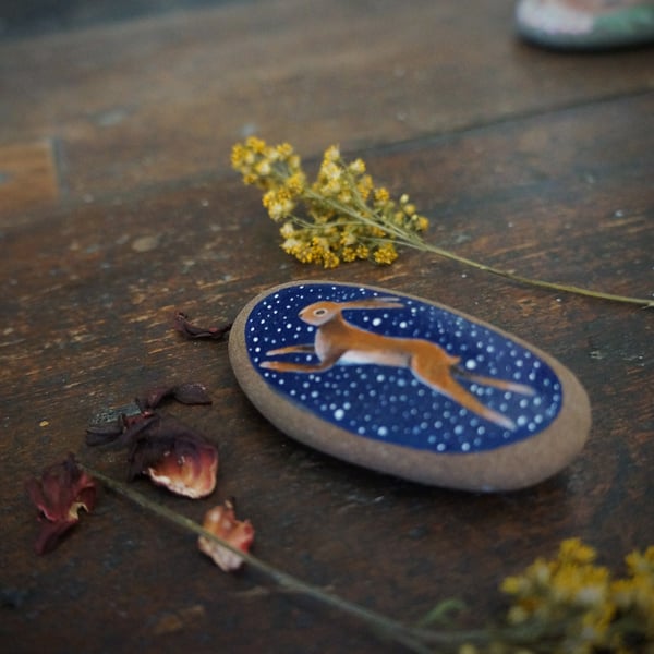 Hare & Stars Miniature Painting, Pebble Painting