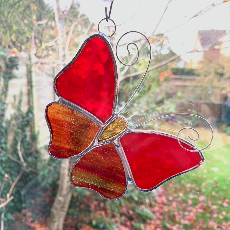 Stained Glass Butterfly Suncatcher - Handmade Decoration - Red and Red Streaky