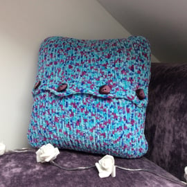 Hand Knitted Cushion Cover & pad, Blues & Purple Speckled with Button detail
