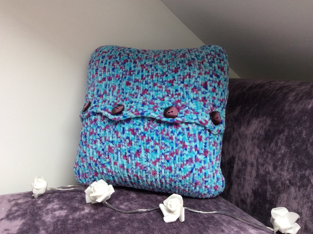 Knitted Cushion Cover Blues & Purple Speckled with Button detail