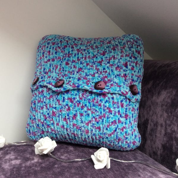 Knitted Cushion Cover Blues & Purple Speckled with Button detail