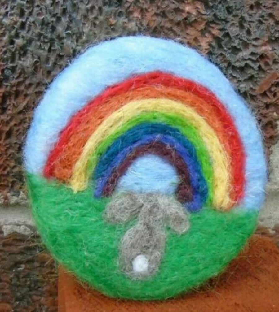 Needle felt brooch rainbow and hare ladies jewellery wool badge