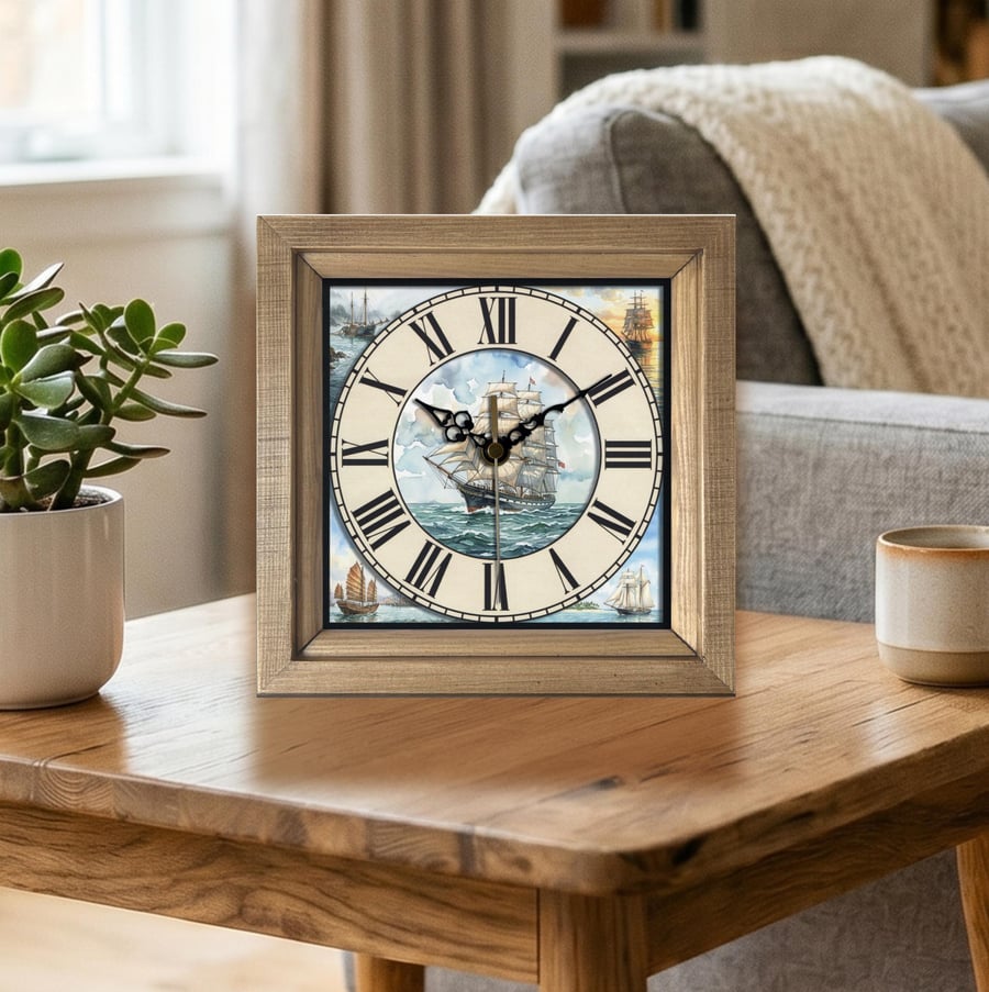 Vintage Style Tall Ship Sailing Scene Square Wooden Wall Clock -Handmade 8x8"