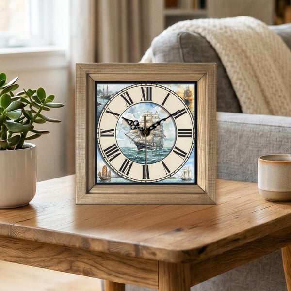 Vintage Style Tall Ship Sailing Scene Square Wooden Wall Clock -Handmade 8x8"