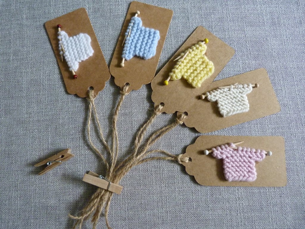 Small handmade unique gift tag with tiny knitted jumper, new baby gifts