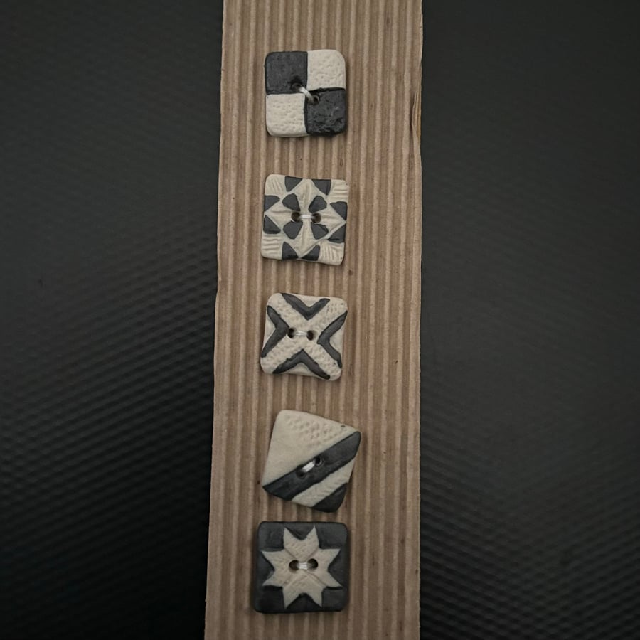 Square Ceramic Buttons- set of 5 - Black & white mixed geometric patterns 