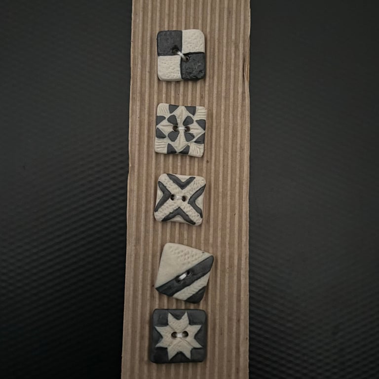 Square Ceramic Buttons- set of 5 - Black & white mixed geometric patterns 