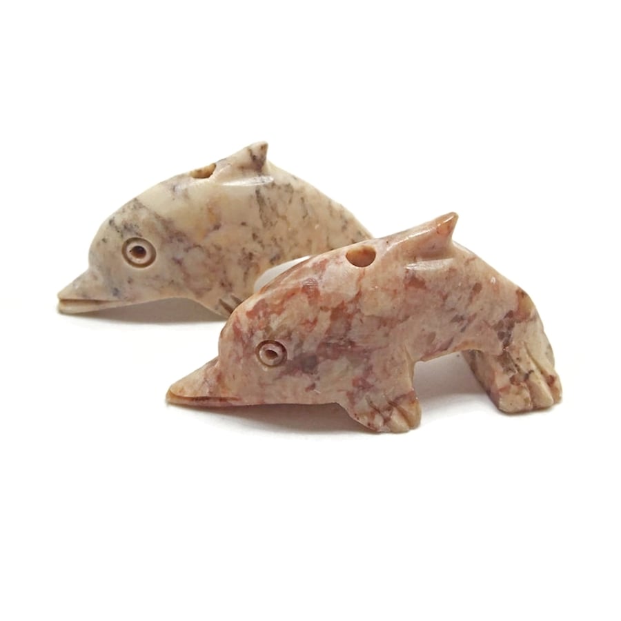 2 Soapstone Dolphin Pendants, 50x25x16mm with 3mm Hole