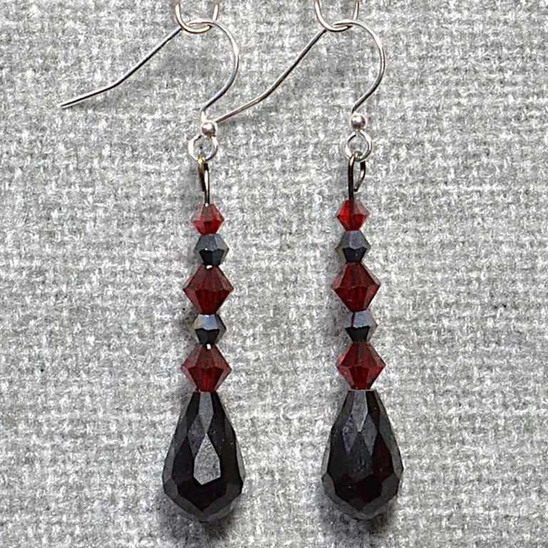Black and Red Glass Crystal Dangle Earrings