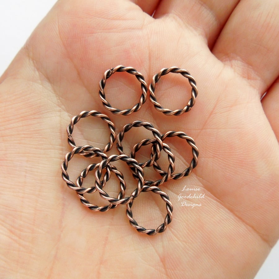 Antique copper wire twisted 11mm jump rings x 10, make your own