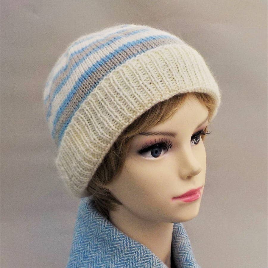 Knitted beanie hat blue and cream stripes British Wensleydale wool