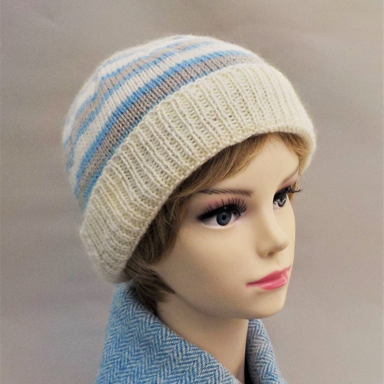 Knitted beanie hat blue and cream stripes British Wensleydale wool