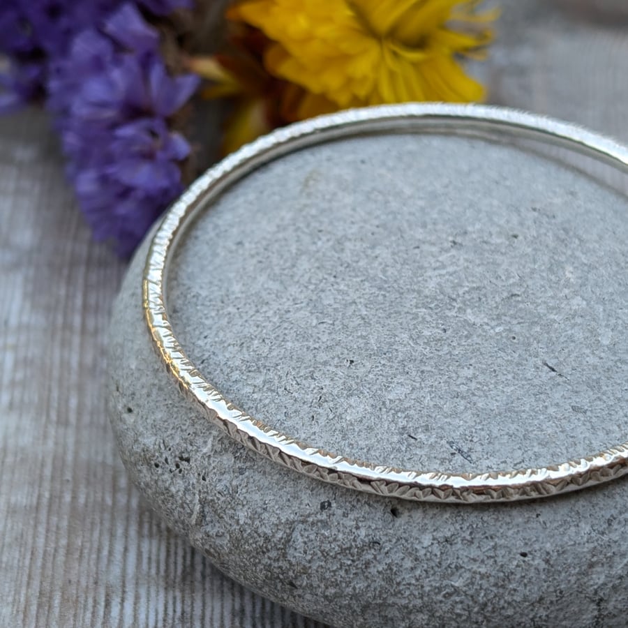 Sterling Silver Textured Round Bangle - Hallmarked - JBJ5013