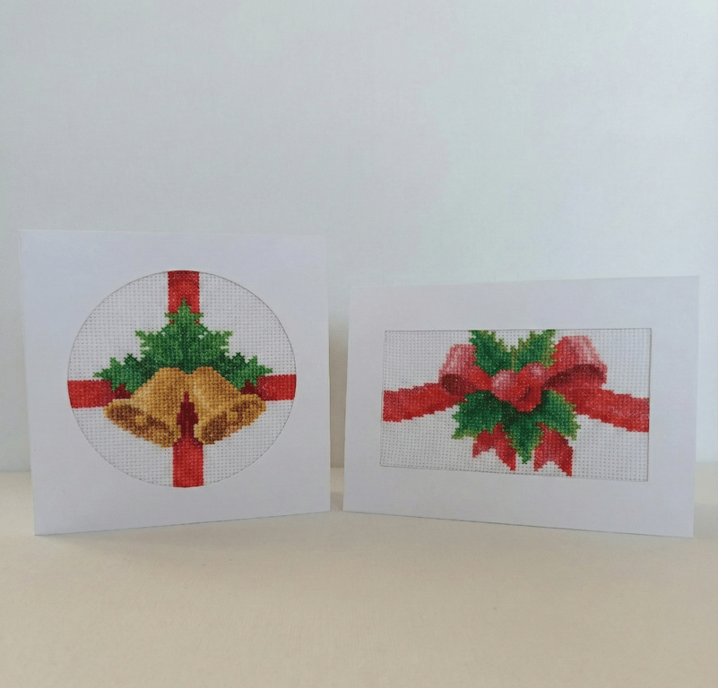 Set of 2 Hand Stitched Christmas Cards, Cross Stitch Bells and Bow Design