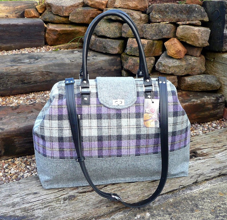 Carpet bag travel bag purple grey check wool tweed weekend bag overnight bag