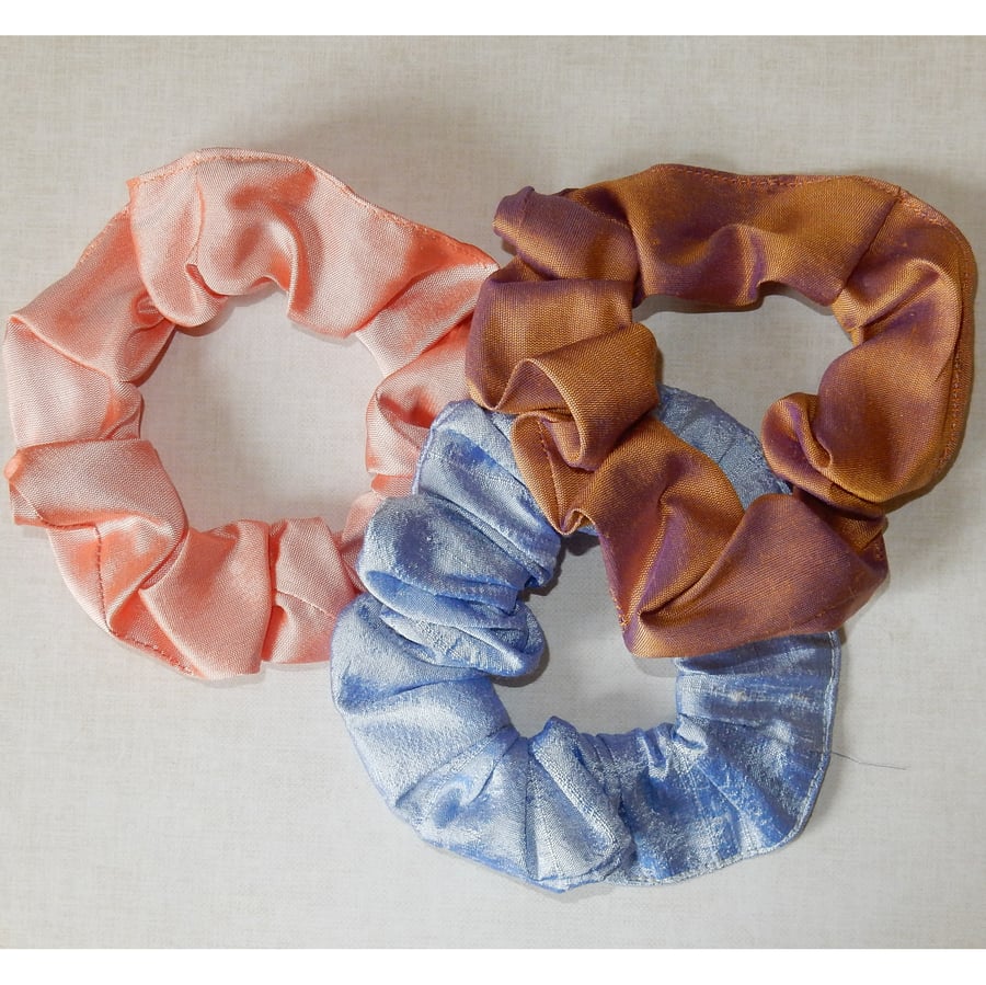 Silk scrunchies set of three blue and peach