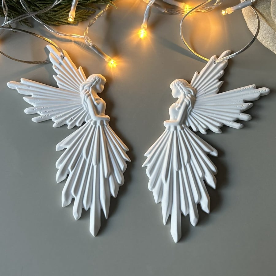 White Christmas Angel Ornament - Hanging Tree Decoration - Pair