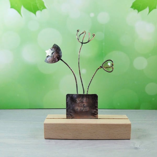 Ornament, Seed Heads with Smoky Quartz Heart a on Wooden Stand