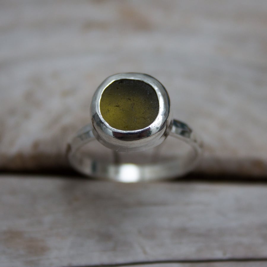 Olive Green Sea Glass and Recycled Sterling Silver Ring