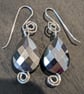 Grey Silver Glass Facted  Teardsdrop   Sterling Silver  Earrings