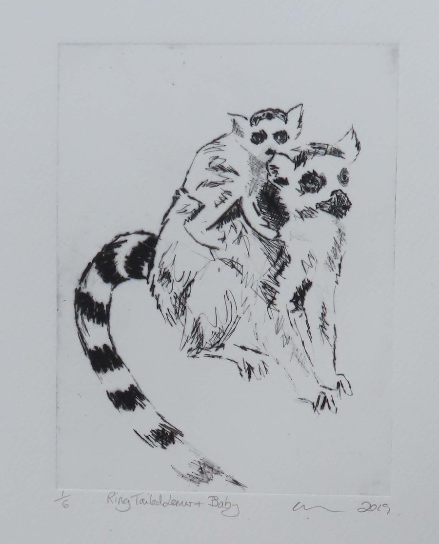 Lemur & Baby Limited Edition Original Hand-Pulled Drypoint Print Animal Art