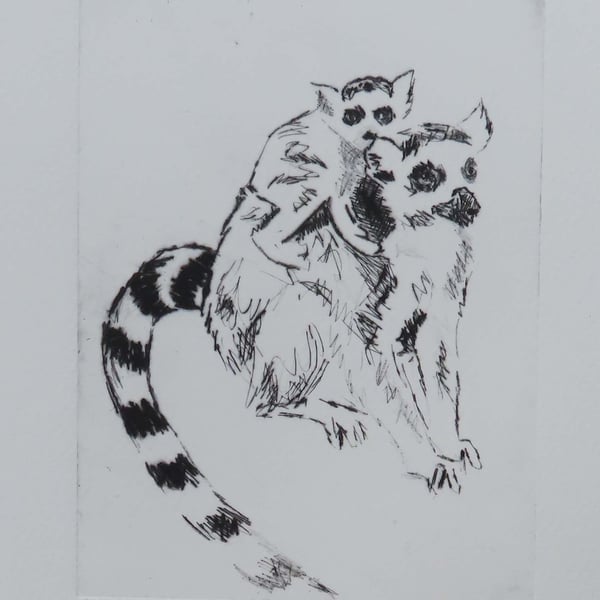 Lemur & Baby Limited Edition Original Hand-Pulled Drypoint Print Animal Art