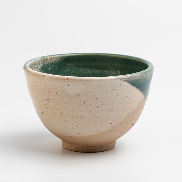 Handmade ceramic Chawan tea bowl glazed in green and cream
