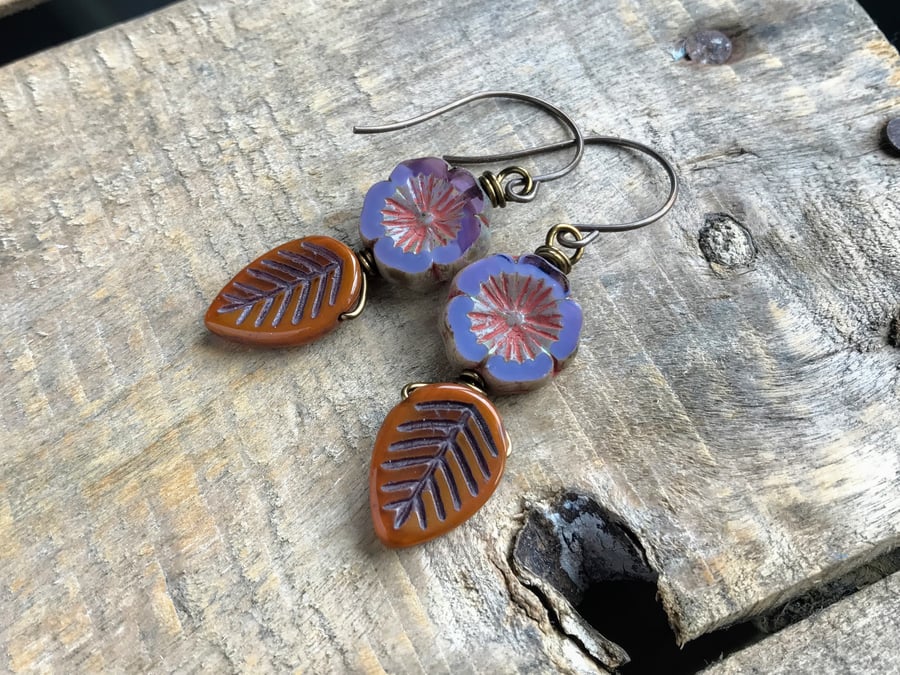 Glass Leaf & Flower Earrings in Orange and Purple. Nature Inspired Jewellery