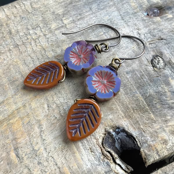 Glass Leaf & Flower Earrings in Orange and Purple. Nature Inspired Jewellery