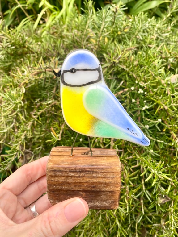 Fused glass Bluetit bird decoration 