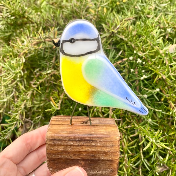 Fused glass Bluetit bird decoration 