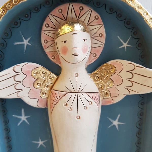 Angel wall Shrine-hanging ceramic wall art with gold leaf