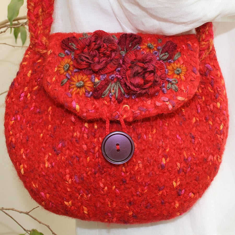 Embroidered Bag - Red with Red Roses