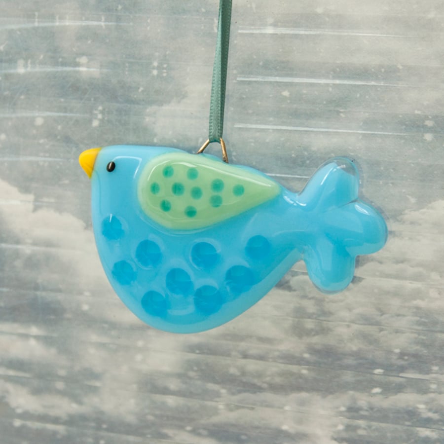Fused Glass Little Turquoise Spotty Bird Decoration