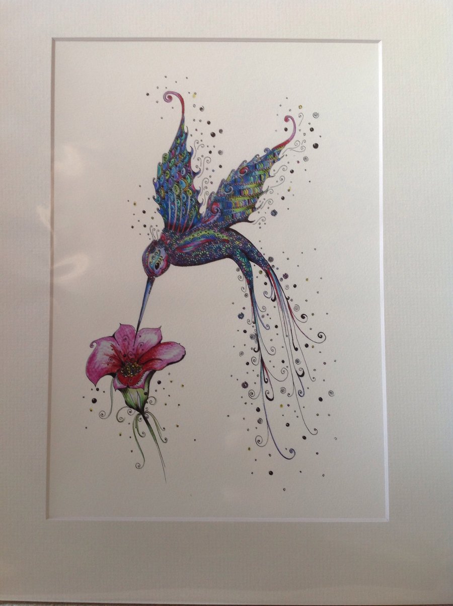 Purple Hummingbird limited edition print a4 size then mounted ready to frame