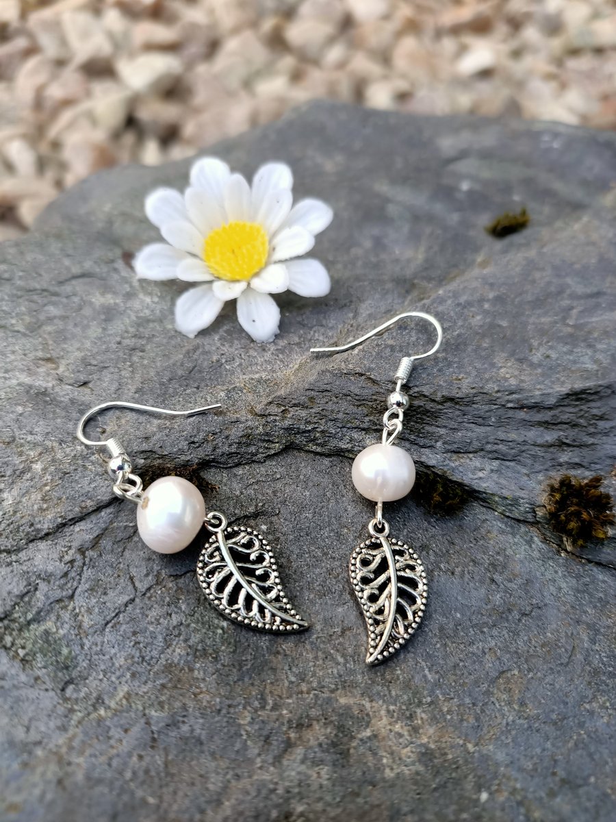 Beautiful Pearl drop earrings with scroll leaf