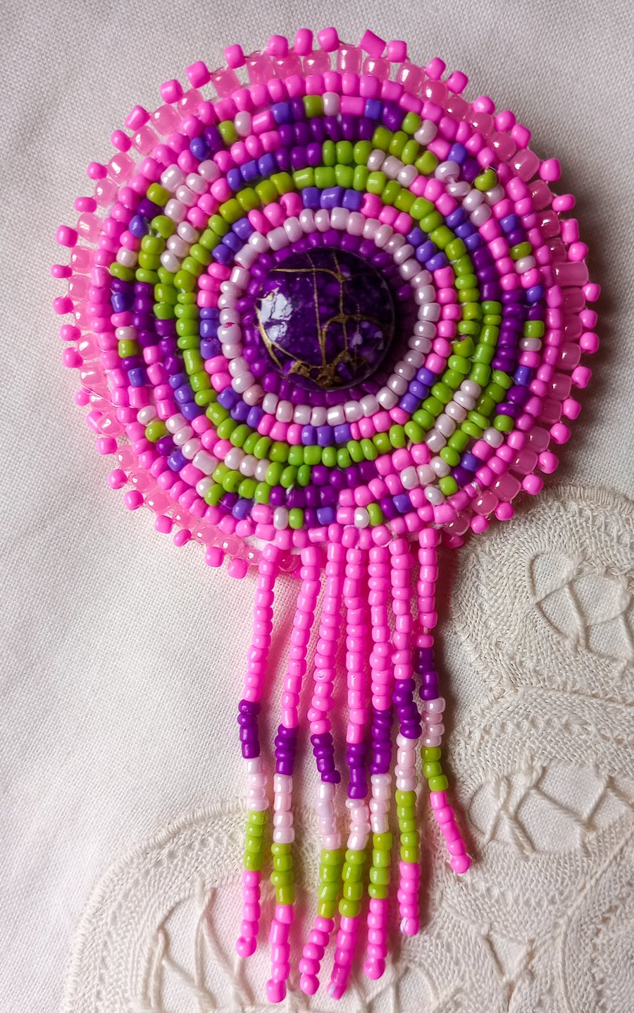 Pink beaded tasselled Native American inspired hair slide clip barrette