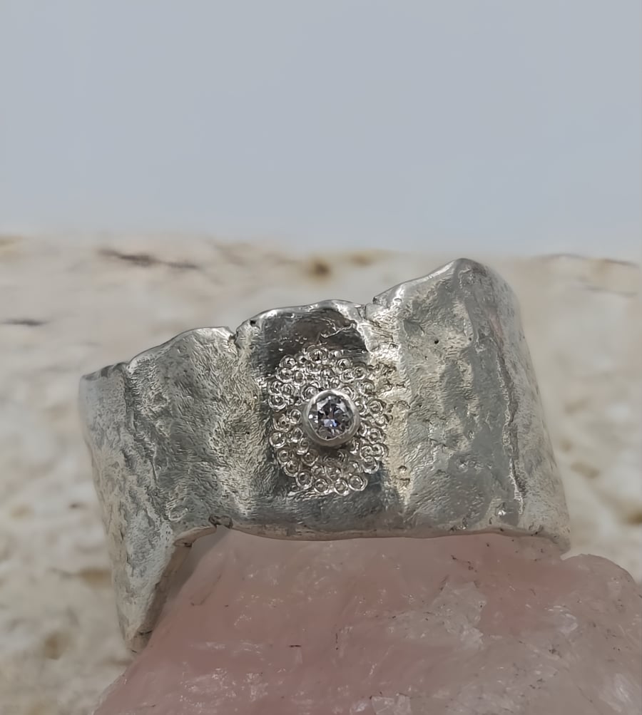 Molten Sterling Silver Wide Band Ring – Lab Grown Diamond Statement Ring - Size 